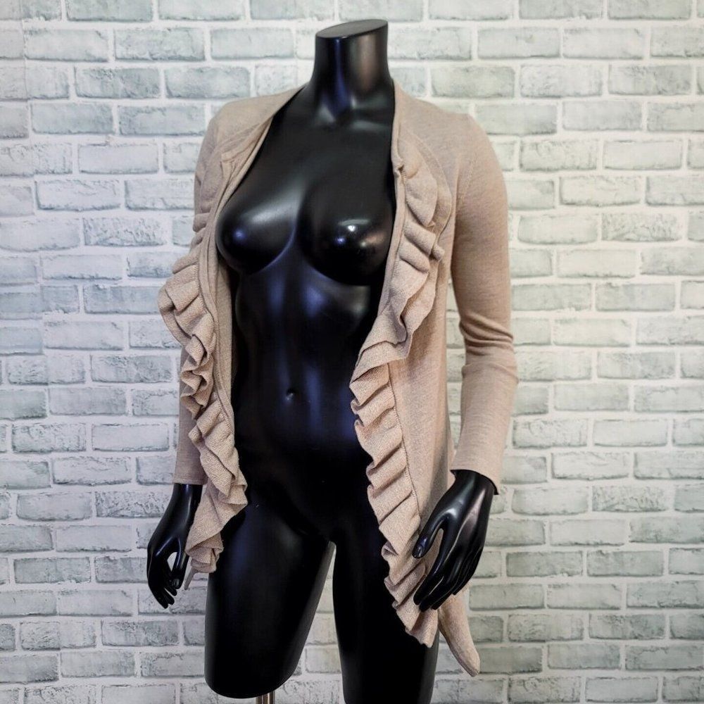 Tory Burch Womens M Tan Merino Wool‎ Ruffle Open Front Cardigan Sweater